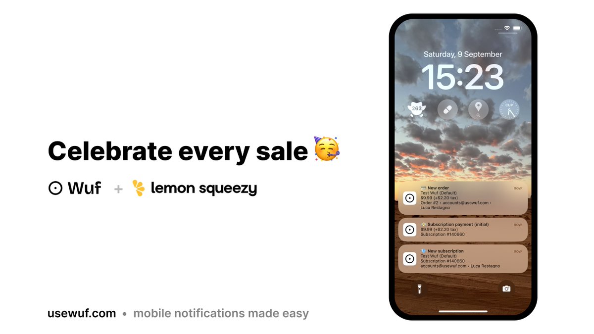 ikoichi's tweet image. The first integration of my new startup usewuf.com is live.

Receive mobile notifications (you and your team) for every @lmsqueezy sale 🥳