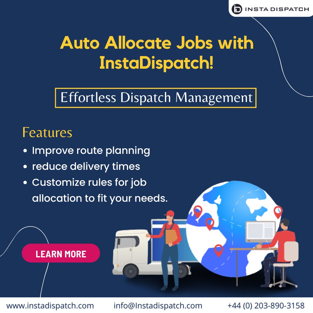 instadispatch's tweet image. Simplify your managerial tasks with InstaDispatch&apos;s Auto Allocation feature!

Maximize efficiency, and minimize hassle. Experience the future of dispatch management today!

Learn More: instadispatch.com

#EfficientDispatch #SmartRouting #StreamlinedManagement