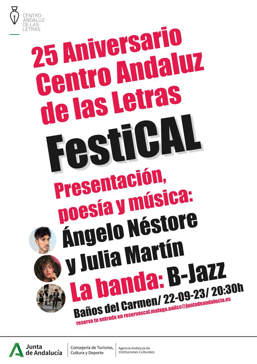 CulturaCuenta's tweet photo. El 22 SEP, el Centro Andaluz de las Letras celebra su XXV aniversario #FestiCAL #Málaga
Será un punto de encuentro de autores, agentes culturales, editores, libreros y lectores.
Invitaciones
📧reservascal.malaga.aaiicc@juntadeandalucia.es
https://t.co/HlvEjNWwln
@CulturaAND https://t.co/lp4GN59ijb