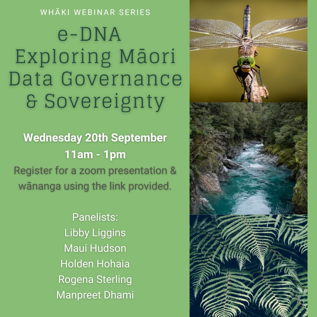 The next Whāki webinar will focus on Māori Data governance and sovereignty in relation to e-DNA data. Join Maui, Rogena, Manpreet, Libby & Holden for a 2 hour session on Wednesday 20th September 11am - 1pm. Register for the zoom at bit.ly/4853kRO #MDSov #IDSov #eDNA