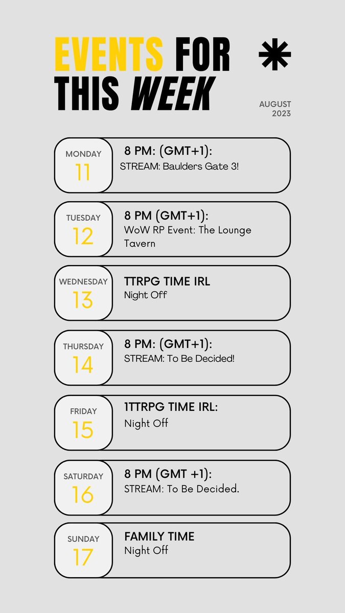 This Weeks Plan! Back into the hole in BG3 this evening hopefully! Saturday and Friday MIGHT swap around depending on Tabletop groups! Currently juggling FIVE of them. 🤯