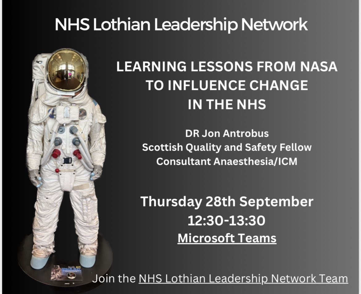 📣 Join us on MS Teams @LothianLeader event for Sept. @JonAntrobus will be sharing his experiences from @NASA 🚀 as part of his Fellowship @SQSFellowship. All @NHS_Lothian staff welcome. Your hosts will be Sara & @SusanSloan08 Bring 🥙