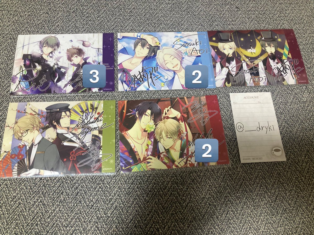 ____dryki's tweet photo. 【交換】ツキウタ  メモリアル ブロマイド 直筆

譲:画像参照

求:新(1st) 隼(1st) 各1 >夜 海 淡い花2 君花星3
　直筆 海(2nd) >夜(1st)>>淡い花

新・隼はコンプ目的です。こちらを含む交換優先
郵送または都内手渡し希望です
内容によりお返事にお時間いただく場合がございます。 https://t.co/IRmOEbSG7P