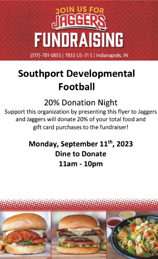 🍔 Dine & Donate 🍔

Don't worry about cooking tonight! Join us at Jaggers Restaurant  for dinner. 

Don't forget to show this picture when checking out!

#SDF #DineandDonate #ILoveFootball