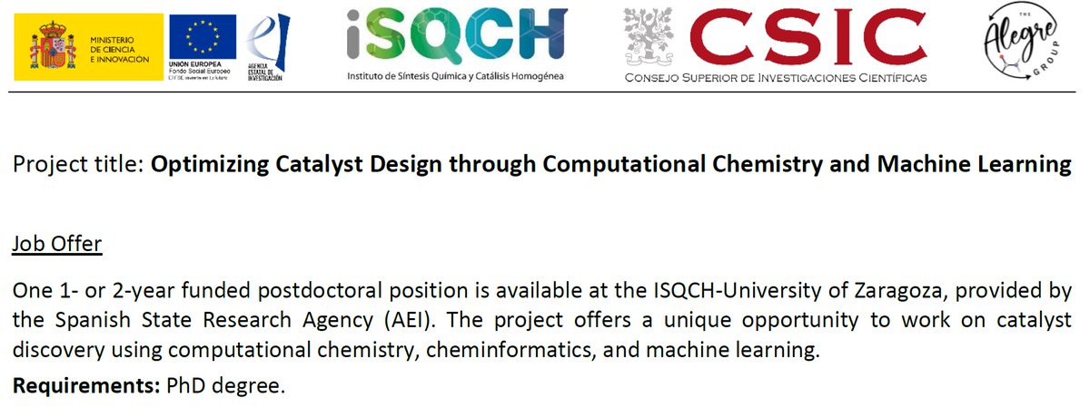 📢 A 1- or 2-year funded postdoc position is available at our group (ISQCH, Spain), an opportunity to work on catalyst discovery using computational chemistry, cheminformatics, and machine learning. 📷 thealegregroup.com/working-with-us #compchem @CompQuim @JovenesQuimicos @RSEQUIMICA