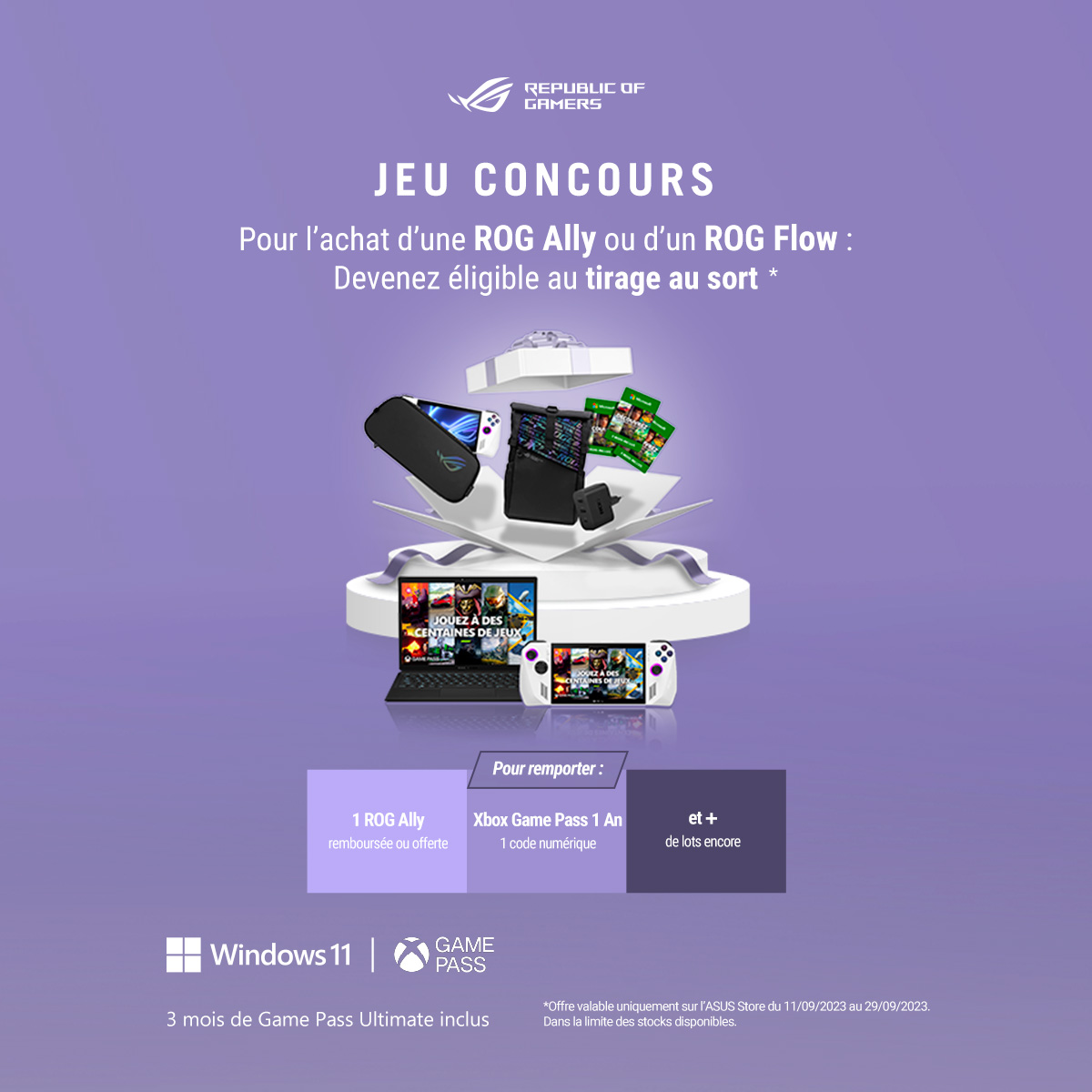 ASUS_ROG_FR's tweet photo. Jeu concours sur notre boutique 🎁
Pour l'achat d'une #ROGALLY ou d'un #ROGFLOW, tu participes à un tirage au sort pour gagner une ROG ALLY, des codes @XboxGamePassFR et bien plus !
Pour participer et tenter ta chance : https://t.co/obplKfKS9R