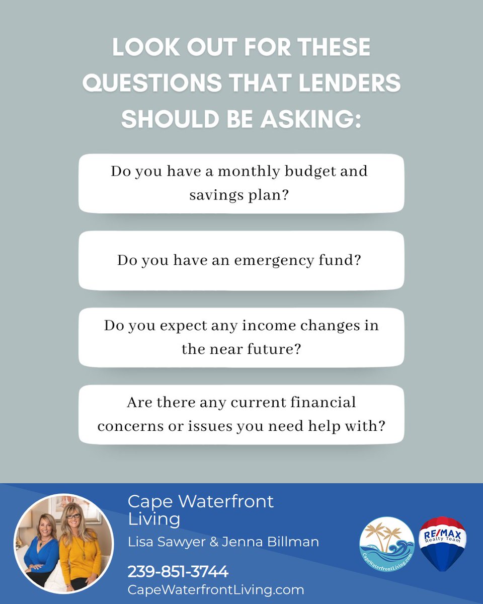 CapeWaterfront's tweet photo. Ensure a safe lending situation by expecting these vital questions that a lender should be asking you. If they're not asking about your ability to afford and pay back the loan, it's a big red flag. 🚩 Good lenders care about your financial well-being. https://t.co/q2enF0AcDL