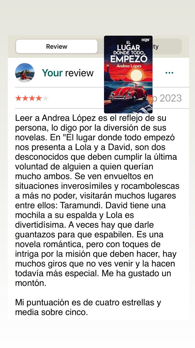 <a href="/libertyeagle20/">Sandra Moya</a> <a href="/HGreemwood/">Hermanas Greemwood</a> <a href="/Irene_Romo_/">Irene Romo</a> <a href="/anissabdamom/">Anissa B. Damom</a> <a href="/sarahvalentinex/">Sarah Valentine</a> <a href="/VeronicaMengual/">Verónica.</a> <a href="/DaisyScarlett/">Scarlett Butler</a> <a href="/NataliaaBroown/">Natalia Brown✨</a> <a href="/angelafrancoq/">Ángela Franco</a> <a href="/MercheDiolch/">Merche Diolch</a> <a href="/librosylit/">Libros y Literatura</a> <a href="/calderon_autora/">Cristinacalderon_escritora</a> <a href="/colecmilamores/">Colección mil amores</a> <a href="/AlfaguaraES/">Alfaguara</a> @lalibretadenani <a href="/Viajandoaotrosm/">Toñi Fernández</a> <a href="/coliseodroma/">Roma</a> <a href="/CristinFerro23/">Cristin Ferro</a> <a href="/smalcaine/">S. M. Alcaine</a> <a href="/VictoriaVilc/">Victoria Vílchez</a> <a href="/Titania_ed/">Titania</a> <a href="/PoisonPerse/">Eva M. Soler</a> <a href="/ieautoras/">Eva & Idoia</a> <a href="/MoruenaE/">Moruena Estríngana</a> Mi centésima décimo cuarta lectura ha sido: El lugar donde todo, empezó de <a href="/Andrealosab/">Andrea Lopez</a> <a href="/HARLEQUINLibros/">Harlequin Ibérica 📖</a>