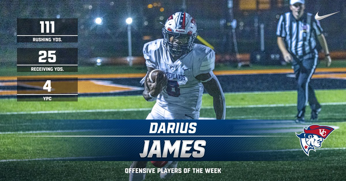 UCPatriotFball's tweet photo. Congratulations to our Offensive Player of the Week vs. Union - @dariusjames13 

With his first 100+ yard game of the season, Darius kept the Patriots moving while also contributing 25 receiving yards! https://t.co/DdSklL1gSf