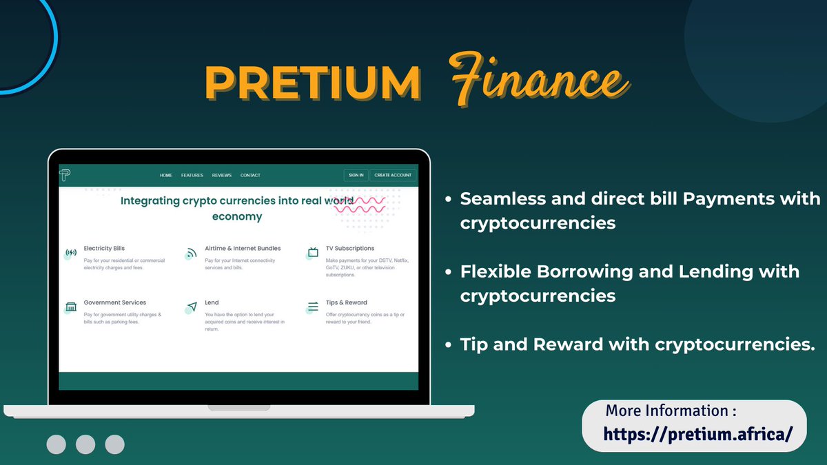 PretiumApp's tweet photo. Introducing #PRETIUM, an innovative platform designed to address:
-Strenuous and cost-intensive process of off -ramping crypto through P2P and settling bills faced by local crypto users in Kenya and beyond
-Need for direct crypto-backed loans denominated in local currencies
🧵 https://t.co/BjEZNV6Rdu