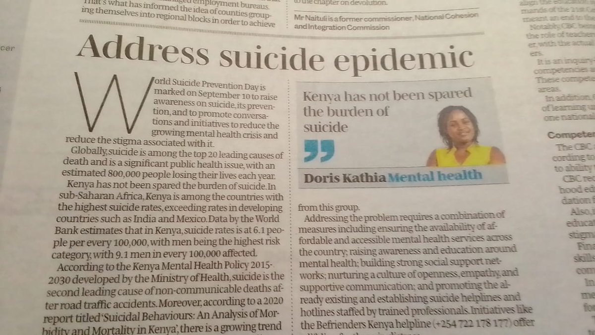 "Suicide is among the top 20 leading causes of death &amp; is a significant public health issue, with an estimated 800,000 people losing their lives to it each year." This week we celebrate #SuicidePrevention Read my piece ⤵️ for more insights nation.africa/kenya/blogs-op…
#RaiseYourVoice