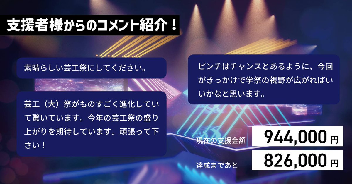 geiko_app's tweet photo. ／
#多次元危機
#芸工祭お助けクラファン大作戦
目標達成まであと82万円🔥
＼

ついに折り返し地点へ到達しました‼️
皆様ありがとうございます

本日も支援者さまからの温かいコメントを紹介します❗
今後ともよろしくお願いします🙏

クラファン期限👉9/19（火）まで

詳細：https://t.co/OLESSsZHDb https://t.co/lc53BEcGlo