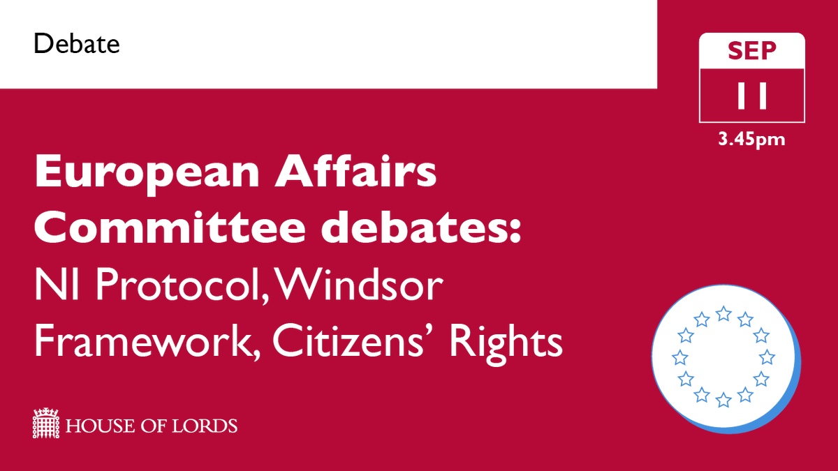 UKHouseofLords's tweet photo. #HouseOfLords will debate three @LordsEUCom reports on the #NorthernIrelandProtocol, #WindsorFramework and citizens’ rights in Grand Committee, work away from the chamber, from 3.45pm.
➡️ Learn more and watch online at the link in our bio https://t.co/PcPPfNm6RJ