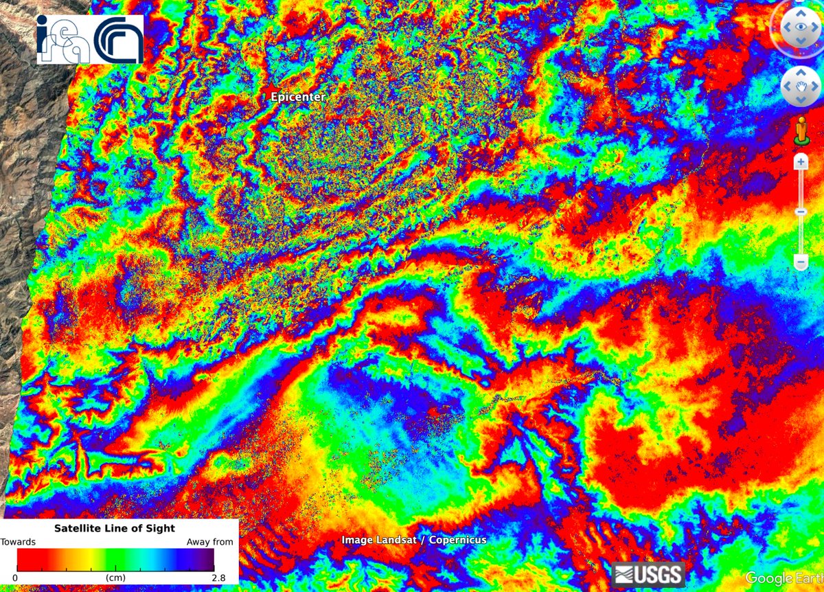 maferp_13's tweet image. The #Sentinel1 co-seismic interferogram and LOS Displacement map of the recent #MoroccoEarthquake  (Mw 6.8), You can find this and other DInSAR co-seismic products on the
@EPOSeu geoportal 
@CnrIrea
@FraxInSAR
@claudiodeluca
@SimoneAtzori73
@dott109