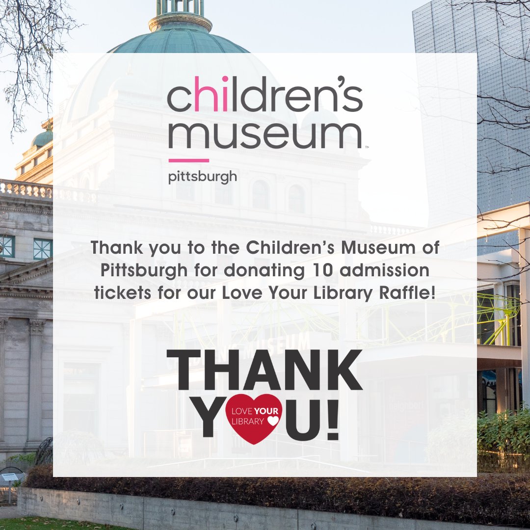 BridgevilleBPL's tweet photo. Thank you to @PghKids for donating 10 admission tickets as prizes for our Love Your Library Raffle!

Visit the library to purchase raffle tickets, and see all the cool prizes the Friends of the Bridgeville Public Library have on display!

#loveyourlibrary https://t.co/ezKAe0d8q7