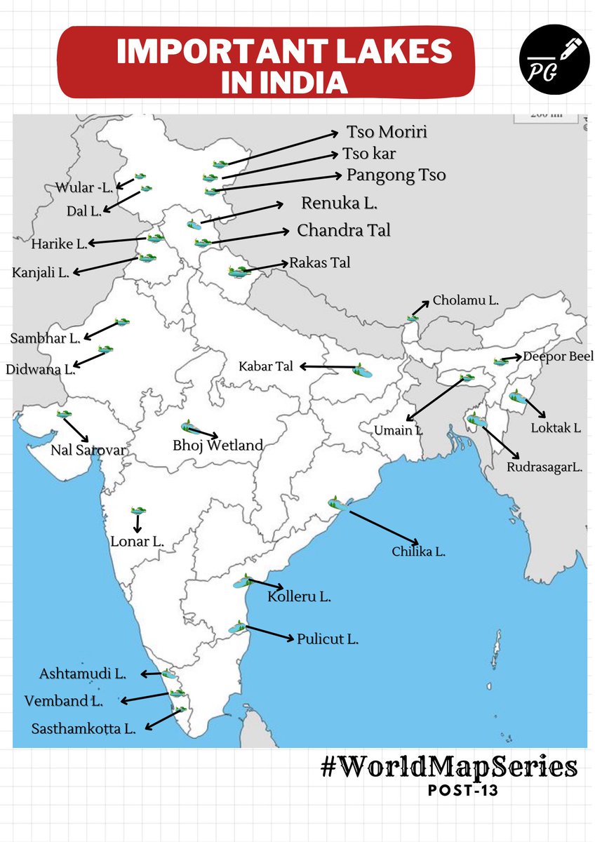 ProxyGyan's tweet image. 🌊 “Lakes in India” :- ‘GS1 - Geography’

⚡️ UPSC Prelims 2021,
We have already seen questions on lakes and their location.

⚡️This map will summarise all the important lakes of India.

Bookmark this tweet 📑.

Follow @ProxyGyan 

#WorldMapSeries #UPSC
