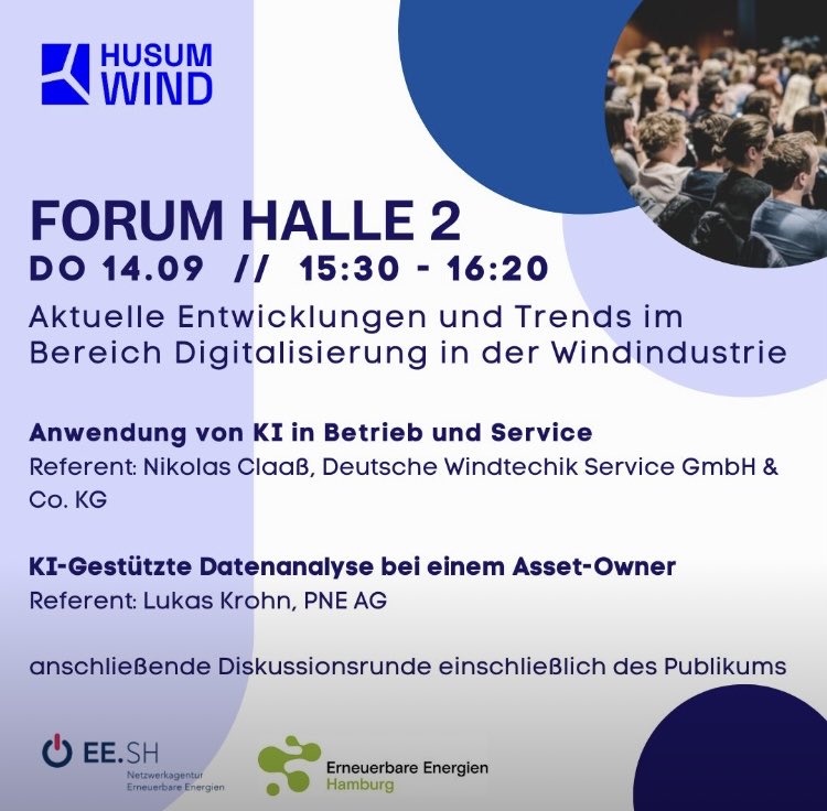 Geinsam mit ⁦@ErneuerbareEHH⁩ veranstalten wir am 14.09 auf der ⁦<a href="/HUSUMWind/">HUSUM WIND</a>⁩ WIND auf dem Forum in Halle 2 ein Panel zum Thema #Digitalisierung in der #Windindustrie Wir freuen uns auf:
N.Claaß -Deutsche Windtechnik Service GmbH &amp;Lukas K. - PNE AG