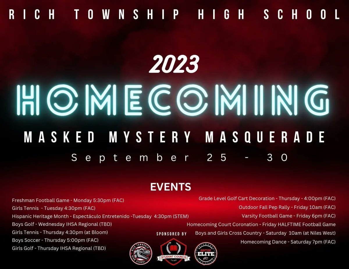 Raptor Activities and School Pride (@rthsactivities) on Twitter photo HoCo Week 2023 - Sept 25-30 - support our School at events every afternoon : Visit a Club Meeting or Activity at 3:45pm - stay for a game to cheer the Raptors! Look for ways to be involved <a href="/RichTownshipHS/">Rich Township HSD 227</a> <a href="/rich227SCouncil/">Rich Township Student Council</a> <a href="/RTHS_Athletics/">Raptor Athletics</a> <a href="/RTHSacademies/">Rich Township HS Career Academies</a> <a href="/TheUproarRTHS/">Rich Township Raptors Student Newspaper</a> <a href="/rich227arts/">@Rich227arts</a> HoCo Week 2023 - Sept 25-30 - support our School at events every afternoon : Visit a Club Meeting or Activity at 3:45pm - stay for a game to cheer the Raptors! Look for ways to be involved <a href="/RichTownshipHS/">Rich Township HSD 227</a> <a href="/rich227SCouncil/">Rich Township Student Council</a> <a href="/RTHS_Athletics/">Raptor Athletics</a> <a href="/RTHSacademies/">Rich Township HS Career Academies</a> <a href="/TheUproarRTHS/">Rich Township Raptors Student Newspaper</a> <a href="/rich227arts/">@Rich227arts</a>