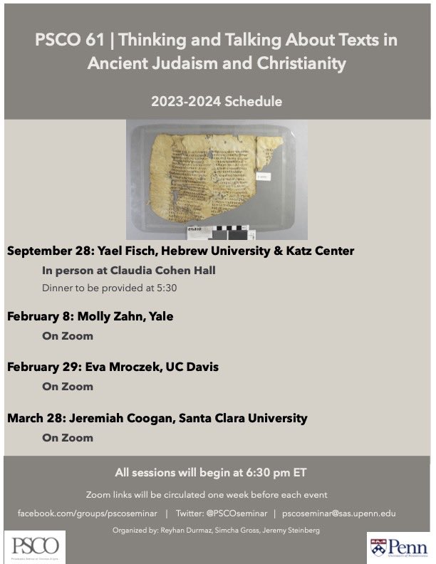 PSCO (@psco_seminar) on Twitter photo We’re thrilled to announce this year’s lineup for PSCO!
Join us to learn about the exciting work of <a href="/fisch_yael/">Yael Fisch</a>, @JeremiahCoogan, Eva Mroczek, and Molly Zahn! We’re thrilled to announce this year’s lineup for PSCO!
Join us to learn about the exciting work of <a href="/fisch_yael/">Yael Fisch</a>, @JeremiahCoogan, Eva Mroczek, and Molly Zahn!