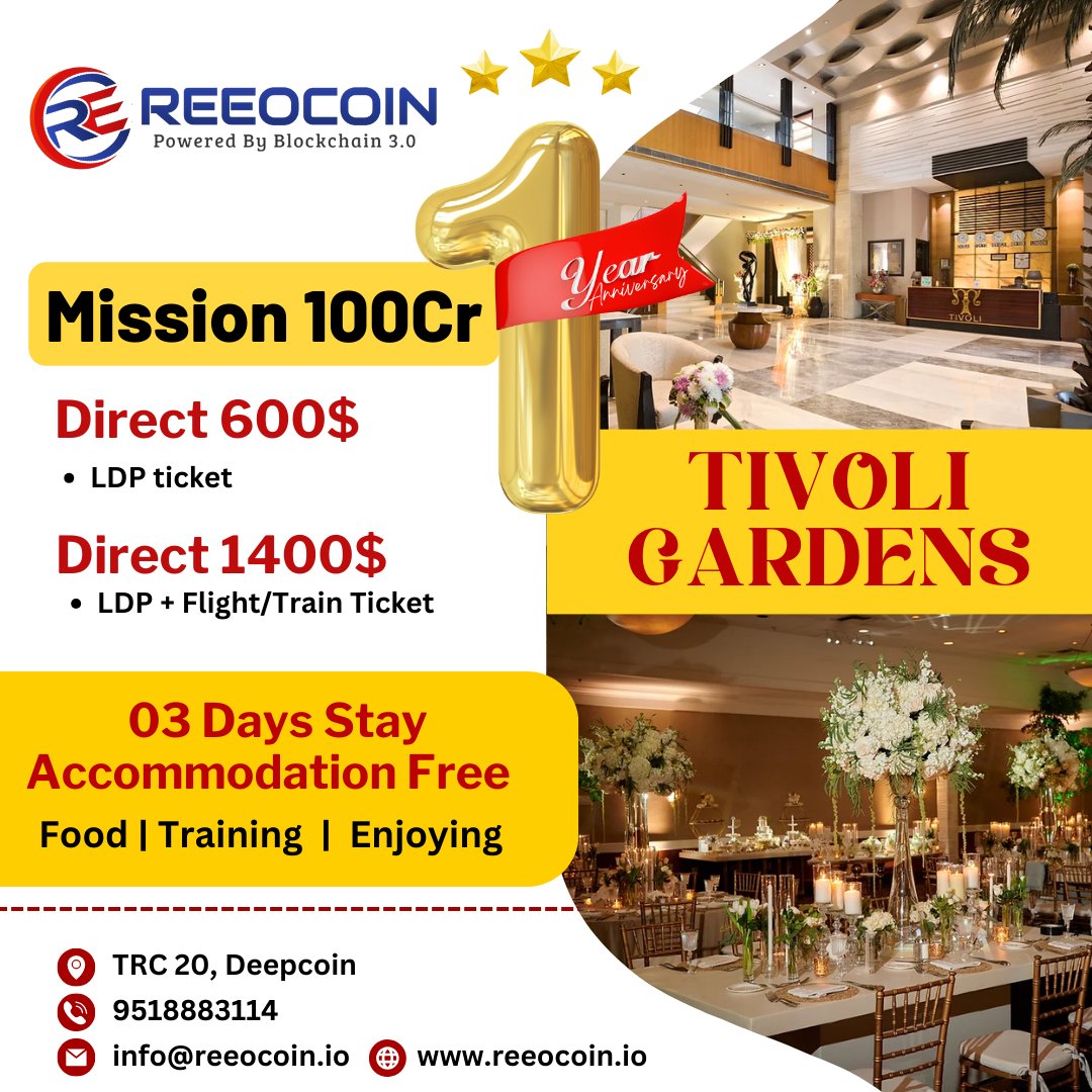 reeocoinlive's tweet photo. Mission 100 Cr

Direct 600$
---LDP TICKET

Direct 1400$
---LDP+ FLIGHT/TRAIN TICKET

3 DAYS STAY ACCOMODATION FREE

FOOD | TRAINING | ENJOYING - TIVOLI GARDENS
👍TRC 20, DEEPCOIN
👍9518883114
👍info@reeocoin.io
👍https://t.co/4c9kH5EGav

#reeocoin #mission100cr #tivoligarden https://t.co/ncXl9en1kU