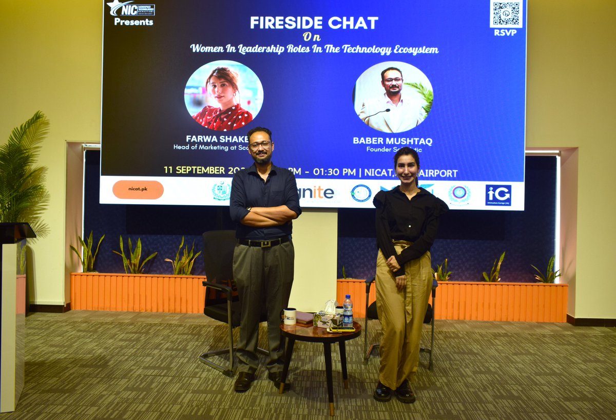 🔥 Farwa Shakeel, Head of Marketing at Scorpbit Inc., lit up the virtual stage in a fireside chat led by Baber Mushtaq, Founder of Salezlytics. 
.
.
#WomenInTech #LeadershipUnleashed #FiresideSuccess #NICAT #NETSOL #Ignite #Aerospace #Aviation #MoITT #DeepTech #ICT