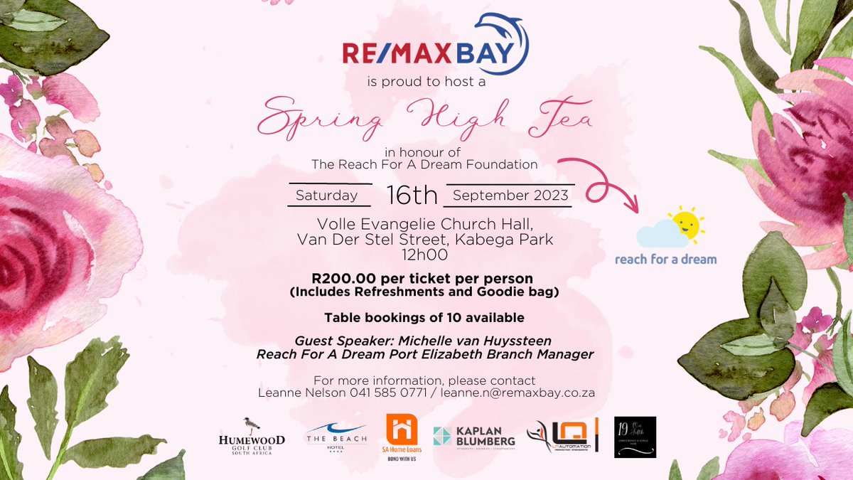 ReachForADream's tweet image. Indulge in the elegance of the RE/MAX BAY Spring High Tea🌸🍵. Join us for an incredible afternoon of delicious treats, laughter, and the chance to make dreams a reality for our dreamers.

Tickets: 041 585 0771 or leanne.n@remaxbay.co.za
 
#HighTea #SupportACause💫🎉