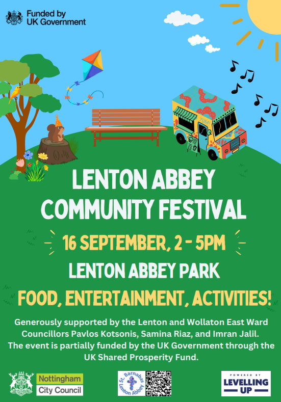 Exciting News! 🎉

Mark your calendars for the Lenton Abbey Community Festival on September 16th from 2-5pm! 🗓️ 

Join us for a fun-filled day of music, games, and community spirit. Let's come together and celebrate our vibrant neighborhood! 🏘️ #LentonAbbeyFest #SaveTheDate 🤹‍♂️🍔