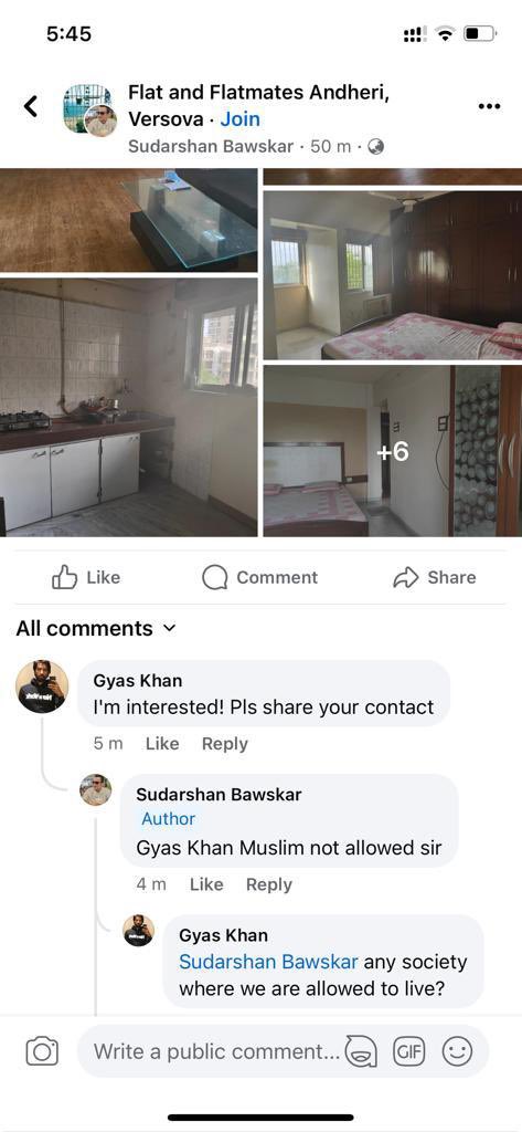 aktalkies's tweet photo. One of my closest friends is looking for a house in and around Andheri. This is the standard response across platforms since he’s, well, Muslim. Any leads will be appreciated. PS: is there no action one can take against this kind of blatant discrimination? https://t.co/rPngM6KXMP