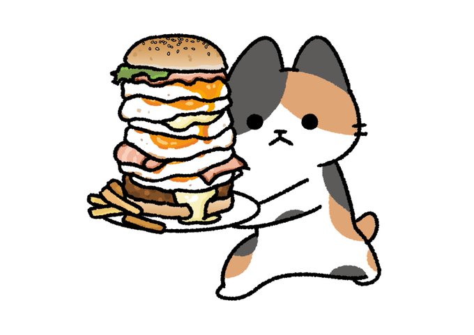 夜食にエッグバーガーを持ってきた猫
