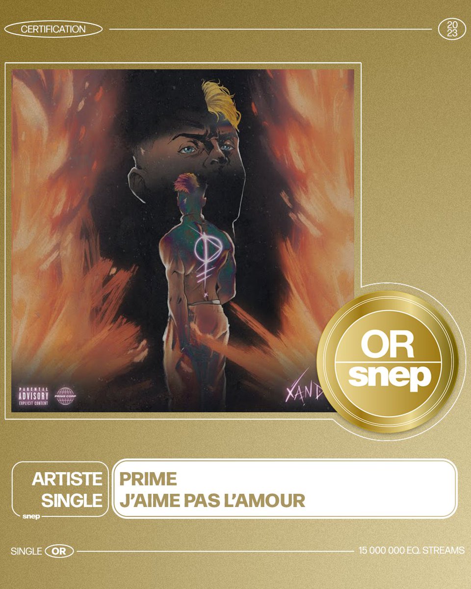 Le titre « J’aime pas l’amour » de Prime est certifié Single Or ! 📀

15 000 000 équivalents streams 🎧

Bravo ! 👏