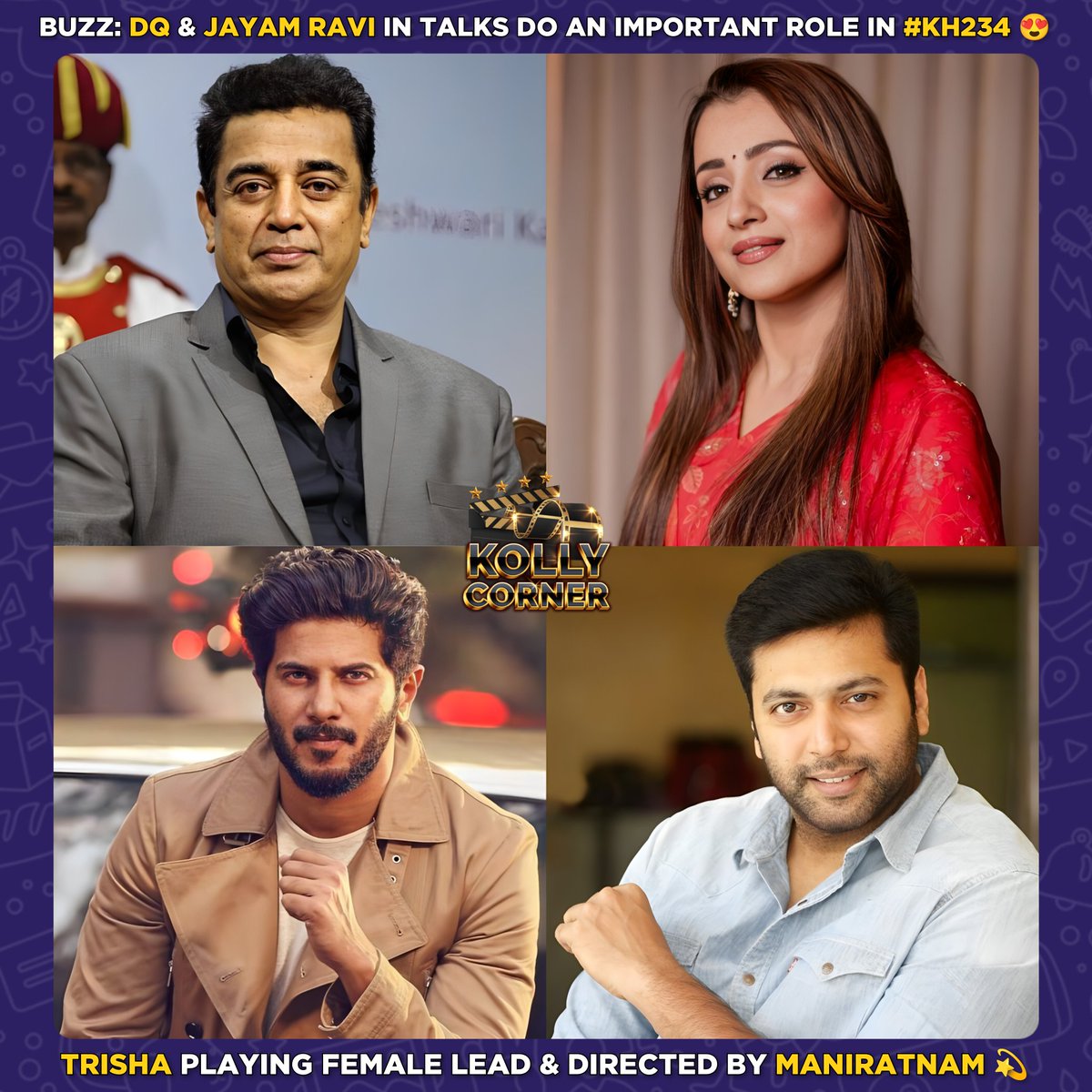 kollycorner's tweet photo. Exclusive Buzz ⭐

🔸#DulquerSalmaan and #JayamRavi
In talks to play an important role in Ulaganayagan #Kamalhaasan's #KH234 directed by Maniratnam 💫

🔸#Trisha expected to do Female Lead 😍

🔸#ARRahman Musical 🎵 https://t.co/Bz8QvB4bPm