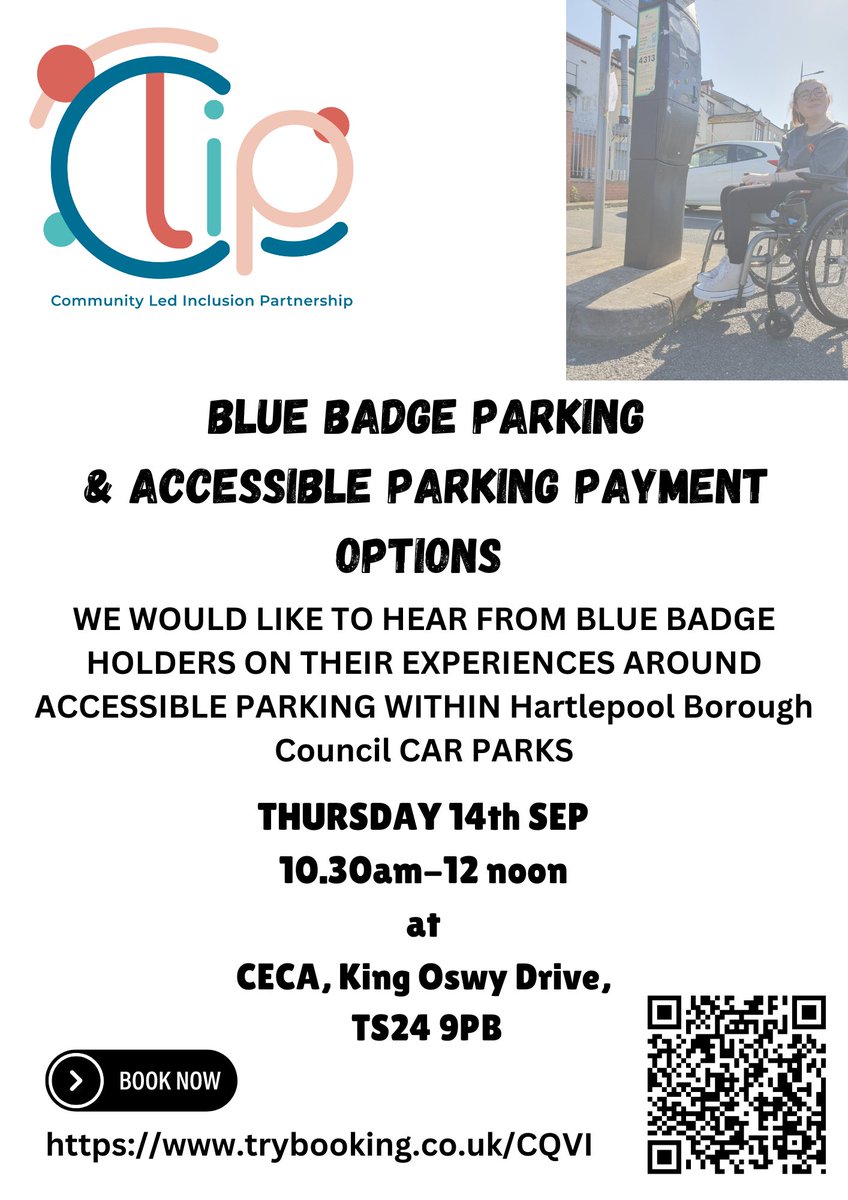 BLUE BADGE PARKING AND ACCESSIBLE PARKING METERS IN HARTLEPOOL BOROUGH COUNCIL CAR PARKS - We want to hear from you!!! Join us this Thursday to tell us which car parks need to be a 'priority' when upgrading blue badge bays and parking meters trybooking.co.uk/CQVI