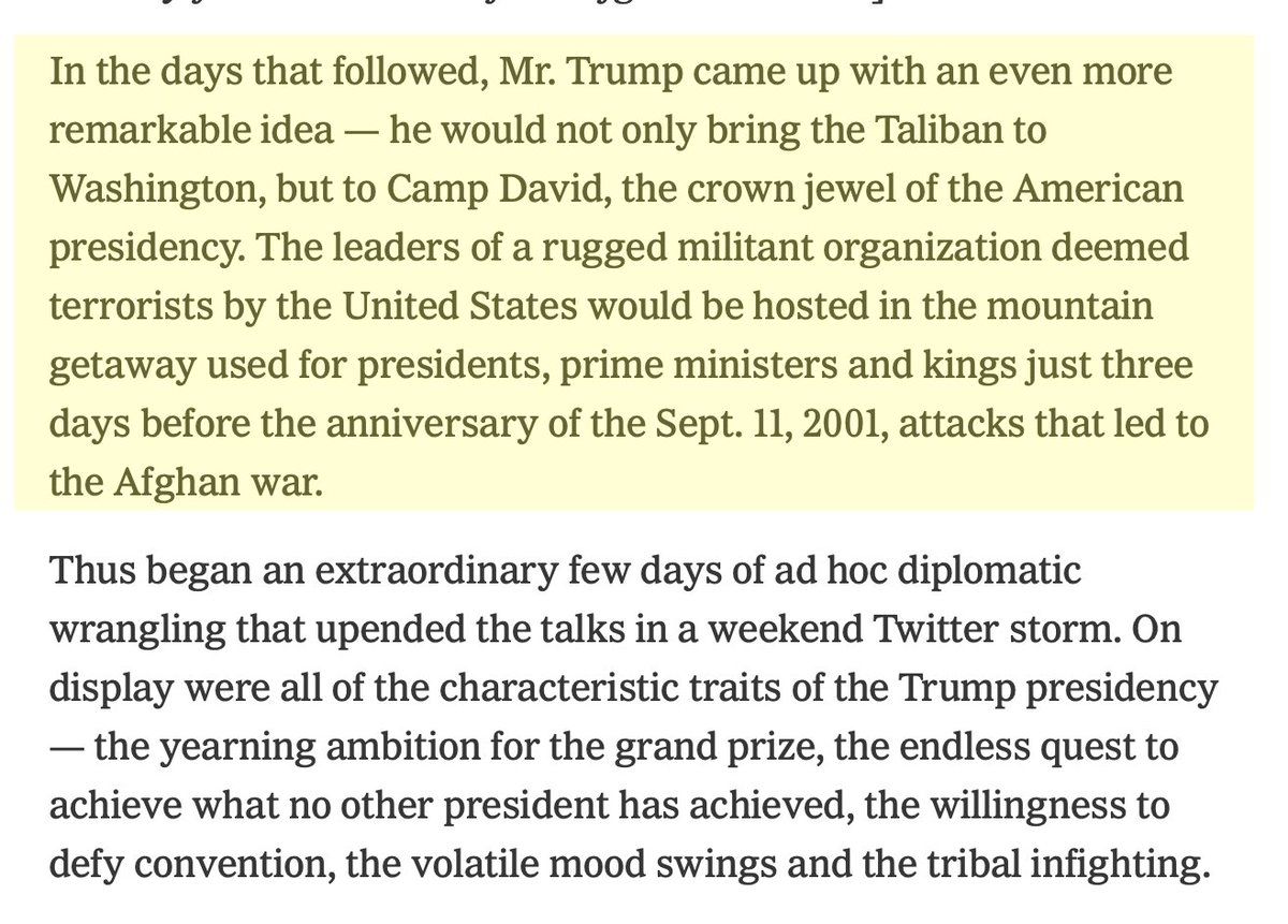 scarylawyerguy's tweet photo. Just a reminder on 9/11 that Trump floated the idea of having Taliban leaders sign a peace treaty at Camp David right around the anniversary of the terrorist attack and had to be talked out of it by his advisors. https://t.co/7ICRgw1IRO