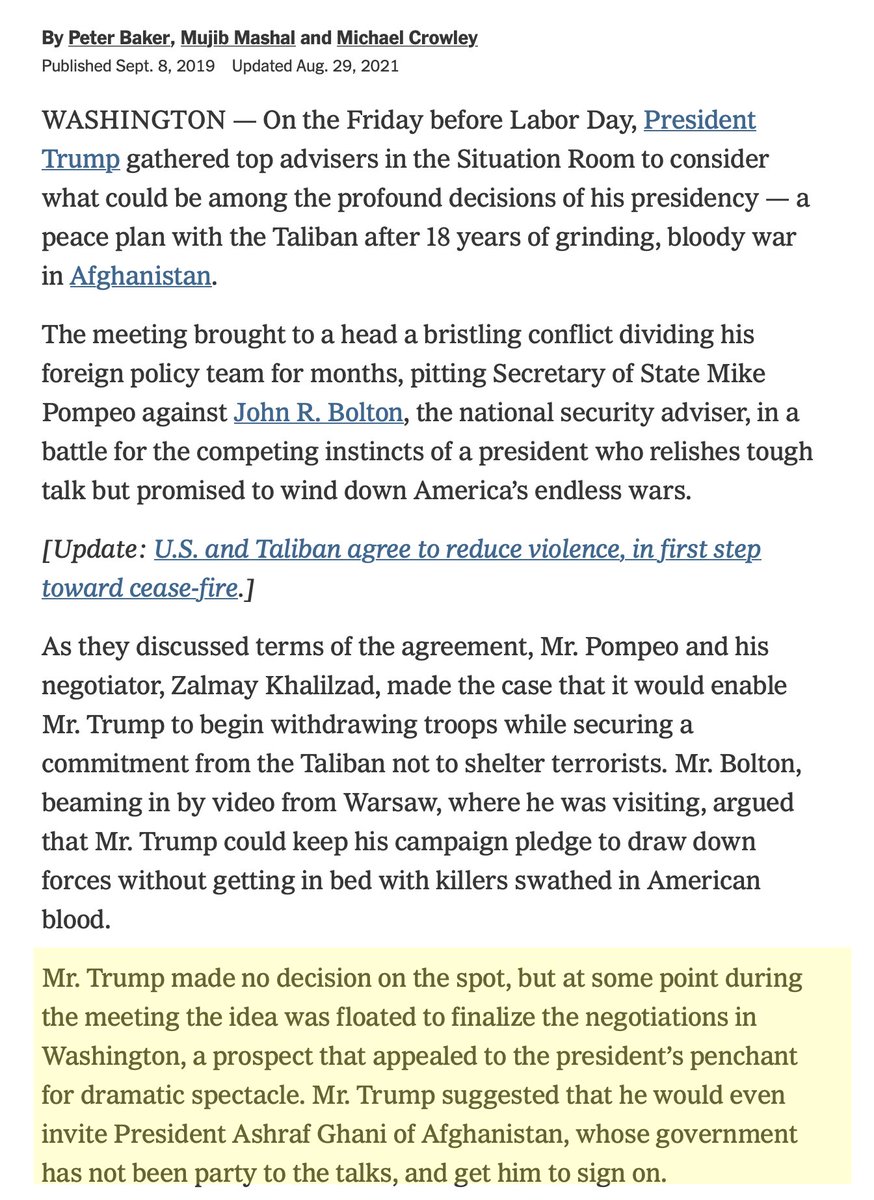scarylawyerguy's tweet photo. Just a reminder on 9/11 that Trump floated the idea of having Taliban leaders sign a peace treaty at Camp David right around the anniversary of the terrorist attack and had to be talked out of it by his advisors. https://t.co/7ICRgw1IRO