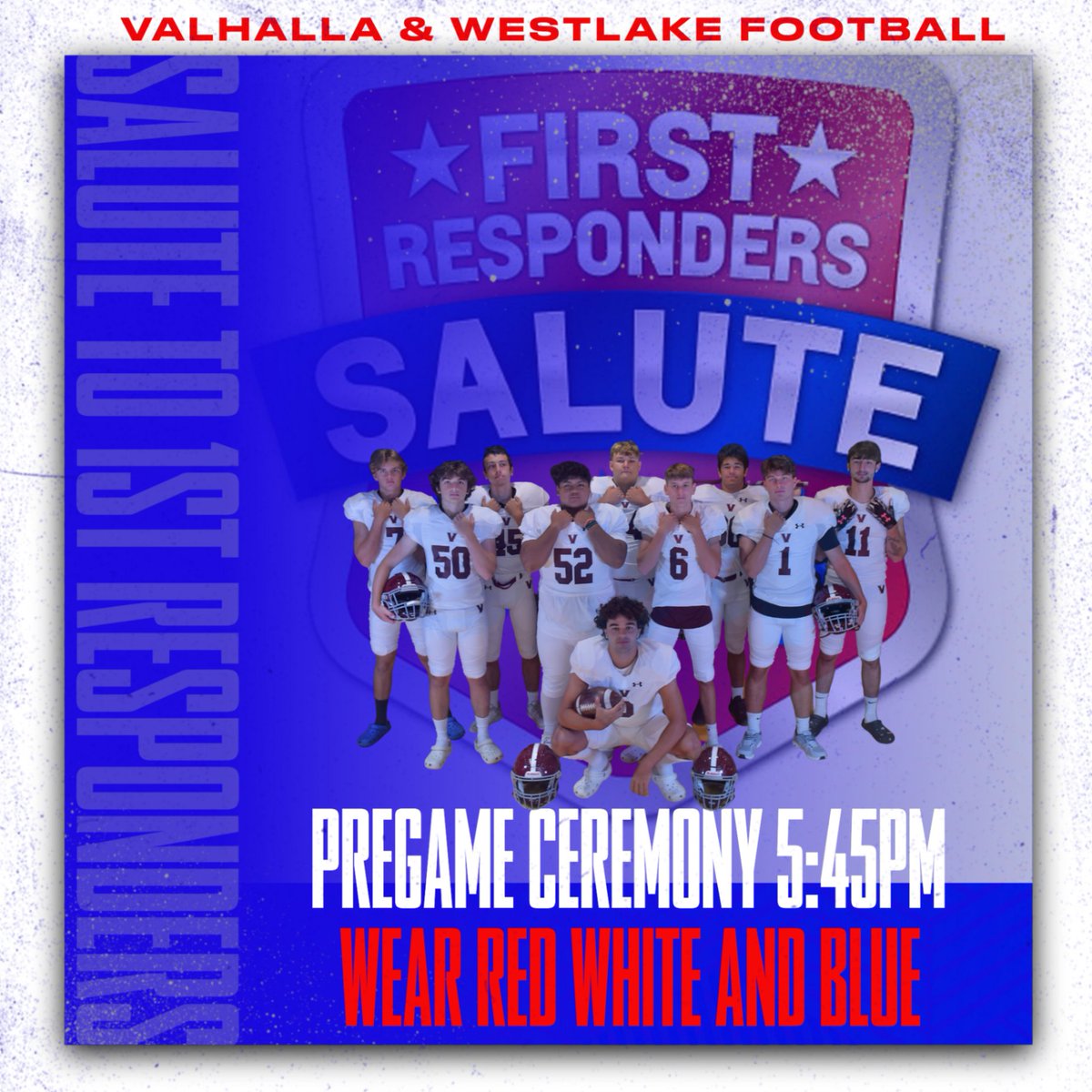 VMHS_Athletics_'s tweet photo. Today we will Honor &amp; Salute our local 1st Responders at the Valhalla vs Westlake Football Game.  Pregame ceremony starts at 545 &amp; we will honor Valhalla Ambulance, Valhalla FD and Mt Pleasant Police at Halftime! Wear RED WHITE &amp; BLUE to the game #neverforget https://t.co/DzlqS22P0E