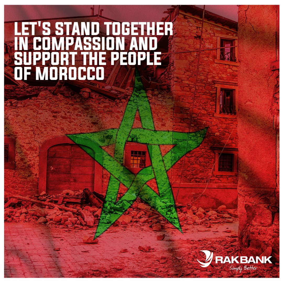 Rakbanklive's tweet photo. Our hearts grieve as we reflect on the recent earthquake in Morocco. Our thoughts and prayers go out to our Moroccan customers, friends, colleagues, and everyone affected by this tragedy. 
#RAKBANK #SimplyBetter #Togetherinhealing #SupportforMorocco #moroccoearthquake https://t.co/knKrJYsBTE