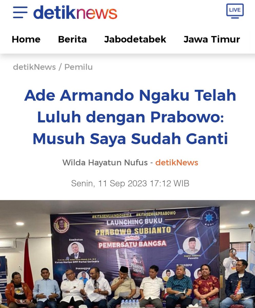 Islah Bahrawi (@islah_bahrawi) on Twitter photo Seriusan gak nyangka. Bang <a href="/adearmando61/">ade armando</a> ternyata menggunakan kata "musuh".
Tapi percayalah bang Ade, meski kami dianggap musuh, jelas kami tidak akan pernah melakukan kekerasan kepada abang seperti yang dulu dilakukan oleh mereka yang telah jadi "kawanmu" hari ini. Seriusan gak nyangka. Bang <a href="/adearmando61/">ade armando</a> ternyata menggunakan kata "musuh".
Tapi percayalah bang Ade, meski kami dianggap musuh, jelas kami tidak akan pernah melakukan kekerasan kepada abang seperti yang dulu dilakukan oleh mereka yang telah jadi "kawanmu" hari ini.