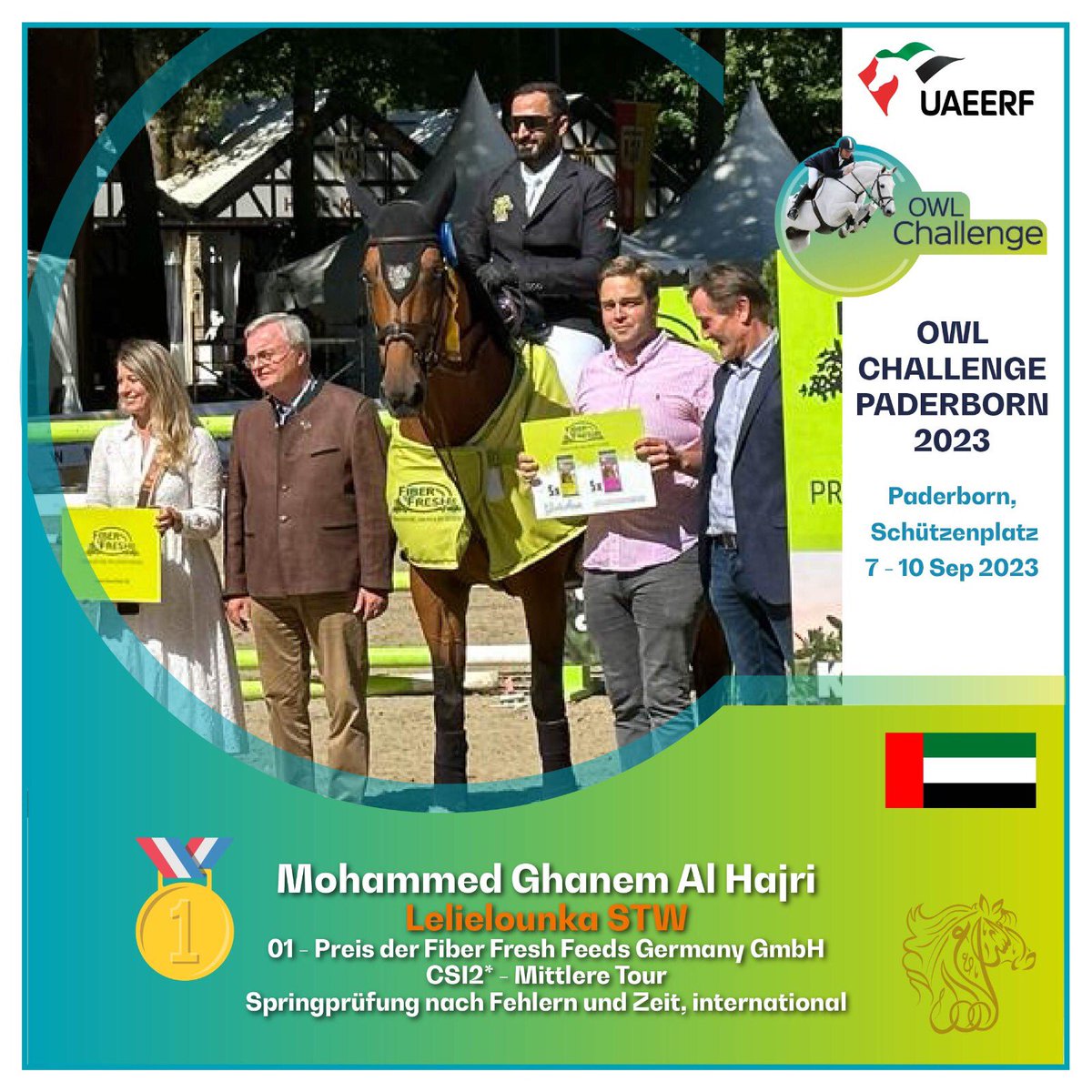 UAEshowjumping's tweet photo. ضمن سلسلة النجاحات و التألق في المنافسات الخارجية .. مرة أخرى تهانينا لفرسان الإمارات لقفز الحواجز لفوزهم بعدة ميداليات في منافسات بطولة بادربورن الدولية من فئة النجمتين في ألمانيا، و التي أقيمت في الفترة من 7 و حتى 10 سبتمبر الجاري 

#اتحاد_الإمارات_للفروسية_والسباق #uaeerf https://t.co/7s3gSNlwFH
