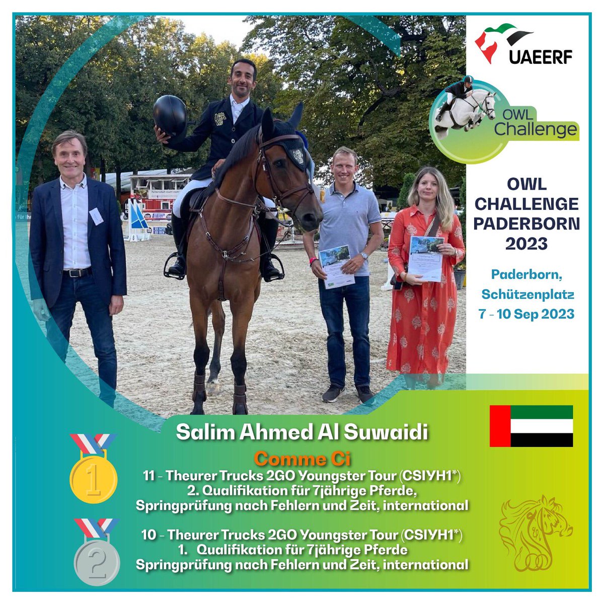 UAEshowjumping's tweet photo. ضمن سلسلة النجاحات و التألق في المنافسات الخارجية .. مرة أخرى تهانينا لفرسان الإمارات لقفز الحواجز لفوزهم بعدة ميداليات في منافسات بطولة بادربورن الدولية من فئة النجمتين في ألمانيا، و التي أقيمت في الفترة من 7 و حتى 10 سبتمبر الجاري 

#اتحاد_الإمارات_للفروسية_والسباق #uaeerf https://t.co/7s3gSNlwFH