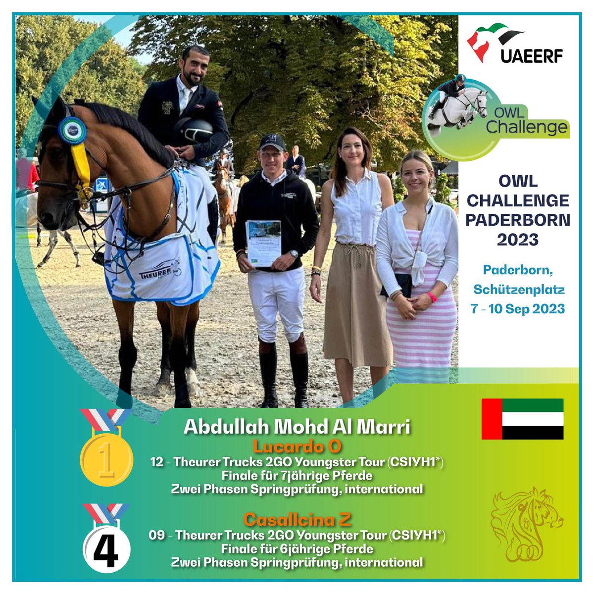 UAEshowjumping's tweet photo. ضمن سلسلة النجاحات و التألق في المنافسات الخارجية .. مرة أخرى تهانينا لفرسان الإمارات لقفز الحواجز لفوزهم بعدة ميداليات في منافسات بطولة بادربورن الدولية من فئة النجمتين في ألمانيا، و التي أقيمت في الفترة من 7 و حتى 10 سبتمبر الجاري 

#اتحاد_الإمارات_للفروسية_والسباق #uaeerf https://t.co/7s3gSNlwFH