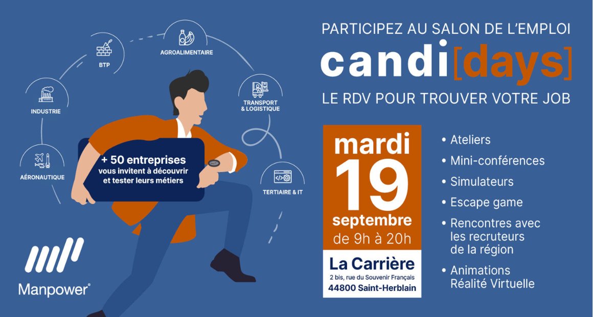 Tu es à la recherche d'une nouvelle aventure professionnelle ?🤔

Rendez-vous le mardi 19 septembre avec le salon Candi[days] de <a href="/ManpowerGroupFR/">ManpowerGroup France</a> !💡

Avec ou sans expérience, avec ou sans CV, tu pourras candidater en direct !💪🏻

#emploi #recrutement #nantes #manpower #candidays