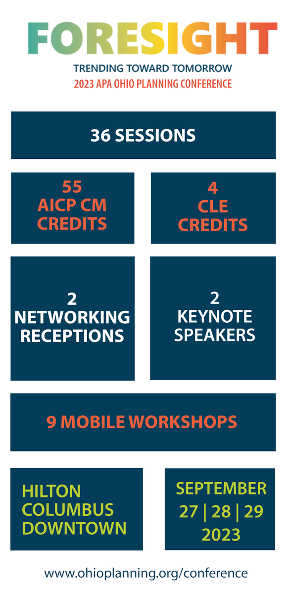 Don't forget about the 2023 APA Ohio Planning Conference. This year several hundred planners and allies will convene September 27-29 in downtown Columbus at the new tower of the Hilton Columbus Downtown Hotel. Info: ohioplanning.org/aws/APAOH/pt/s…