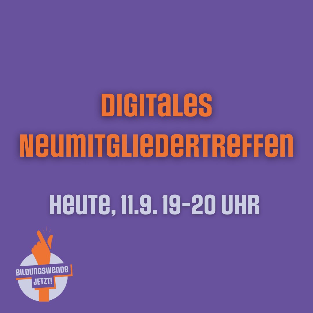 Du willst die Kampagne zur #Bildungswende kennenlernen? Du bist interessiert, weißt aber noch nicht genau, wie du mitmachen kannst? 
Dann komm heute zum Neu-Interessierten-Treffen. 
⏰ Mo, 11.9., 19-20 Uhr, per Zoom 
👉Zugangslink: us02web.zoom.us/j/83589440435?…
#twlz #twkita