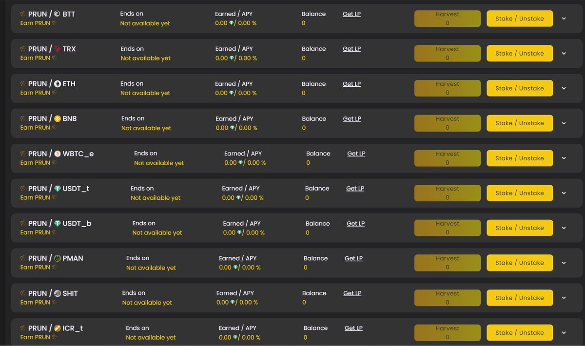Next staking is online and will start in 5 hours. 
User can now prepare staking.   

Staking will open for #PRUN - #BTT, #TRX, #ETH, #BNB, #BTC , #PMAN #OIL #SHIT #USDT, #ICR 

btt.intercroneswap.com/stake