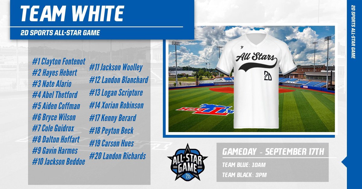 ⭐️ ALL-STAR GAME ROSTERS ⭐️
The stage is set - check out the rosters for the 2023 2D Sports All-Star Game set to take place this Sunday!

📍 September 17
🏟️ LA Tech

Schedule:
10 AM | Blue vs. White
12:30 PM | Black vs. Blue
3 PM | Black vs. White

View highlights on Twitter: