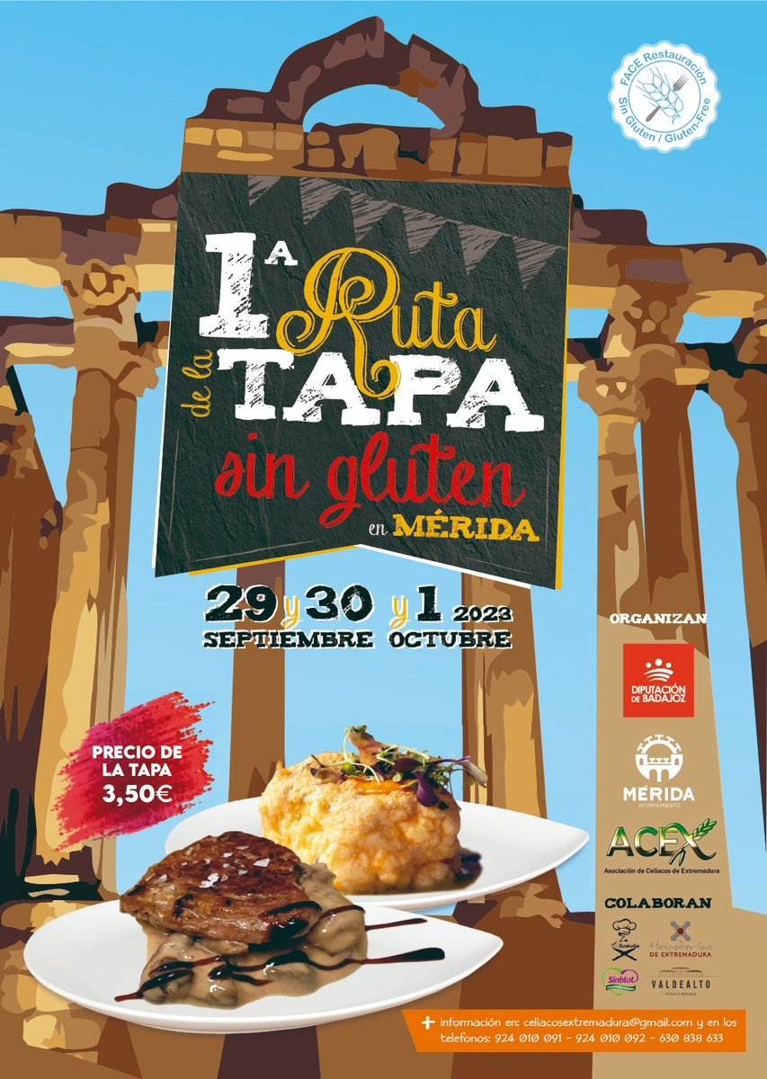 📣 Ruta de la Tapa Sin Gluten en Mérida 📌 
Nuestra tradicional Ruta de la Tapa Sin Gluten este año se celebra también en Mérida😋
Apunta la fecha en tu agenda porque el fin de semana del 29 de septiembre al 1 de octubre, tienes un plan sin gluten en Extremadura 🎊