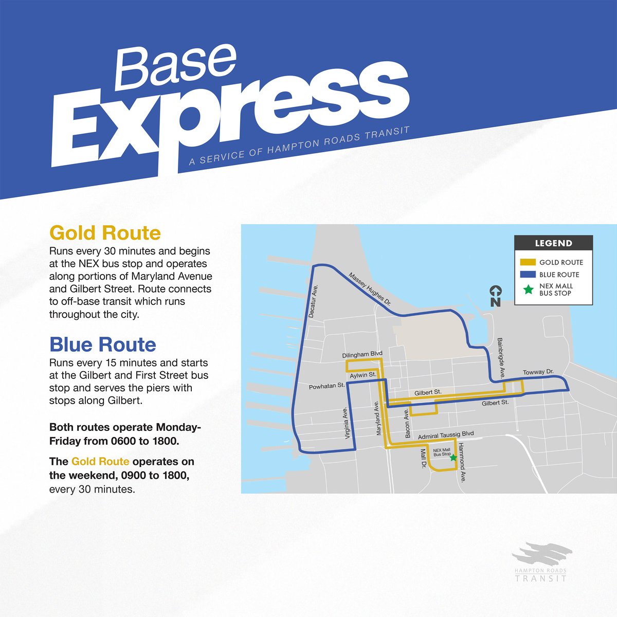 The free Base Express is the perfect way for Naval Station Norfolk employees, veterans and their visitors to get around base without needing to worry about parking or sitting in traffic. 🚐

Learn more: gohrt.com/modes/base-exp…

#baseexpress #navalstationnorfolk #gohrt #trytransit