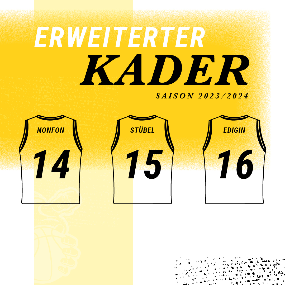 ℹ️ | Zuzüglich zu unserem 16-köpfigen Stamm-Kader gibt's drei Doppellizenzler aus dem ProB-Aufgebot der @BBA_Ludwigsburg, die situativ ins Mannschaftstraining aufrücken. Konkret sind das Luis #Nonfon, Luca #Stübel und Esli #Edigin. 

#allesfürgelb | #turbofürtalente