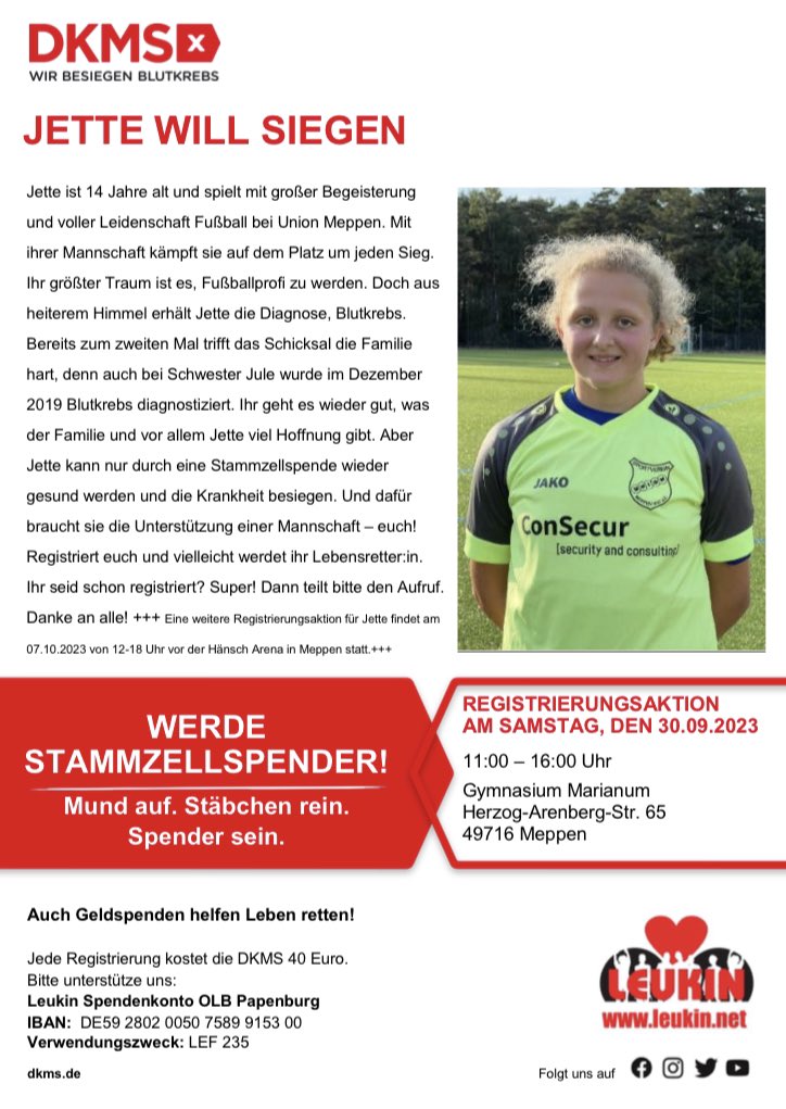 Franz Albers (Nds.) (@franz_albers) on Twitter photo Eine meiner Schülerinnen ist krank, wir organisieren für sie am 30.9. an meiner Schule <a href="/marianum/">Gymnasium Marianum</a> eine Typisierungsaktion mit Leukin.net und <a href="/DKMS_de/">DKMS Deutschland</a> - @svmeppen1912 ist auch im Boot!
Helft die Aktion groß zu machen - teilt diese Nachricht, lasst euch typisieren! Eine meiner Schülerinnen ist krank, wir organisieren für sie am 30.9. an meiner Schule <a href="/marianum/">Gymnasium Marianum</a> eine Typisierungsaktion mit Leukin.net und <a href="/DKMS_de/">DKMS Deutschland</a> - @svmeppen1912 ist auch im Boot!
Helft die Aktion groß zu machen - teilt diese Nachricht, lasst euch typisieren!