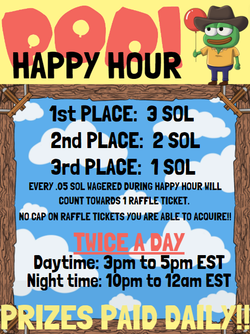 GM Solana!

🎉Join us today as we bring back our 2x daily happy hour events!

Each .05 bet you place will earn you a ticket into the daily drawing where you can win up to 5 sol just for playing!

Hope to see you there!! 🎈

solpop.gg